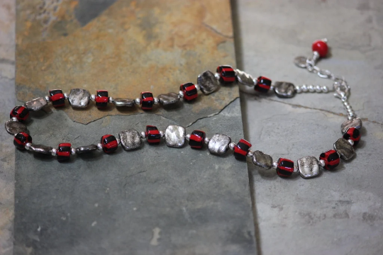 Black, Red & Silver Mixed Metal and Beaded Porcelain Necklace