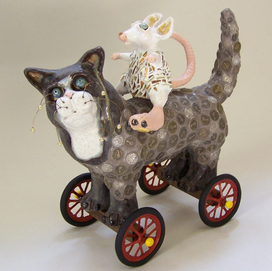 Mosaic Cat and Rat Sculpture on Wheels
